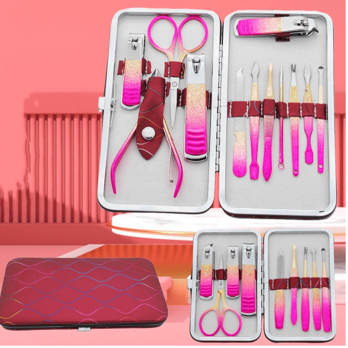 Kit Estojo Manicure 12 Peças Alta qualidade Aço Inoxidável Profissional Sintético Rosa e Dourado - Imagem 4