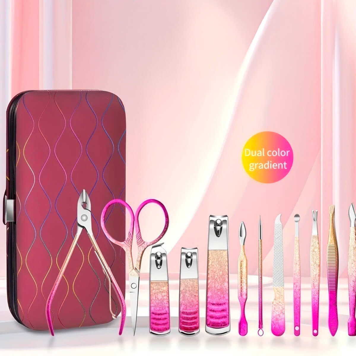 Kit Estojo Manicure 12 Peças Alta qualidade Aço Inoxidável Profissional Sintético Rosa e Dourado - Imagem 2